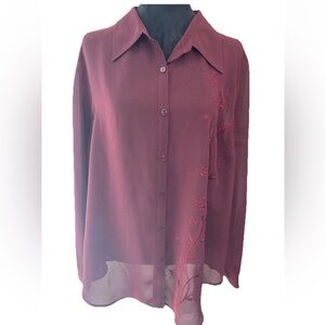 Venezia Jeans clothing co sheer burgundy ladies blouse size 18/20 embroidery‎